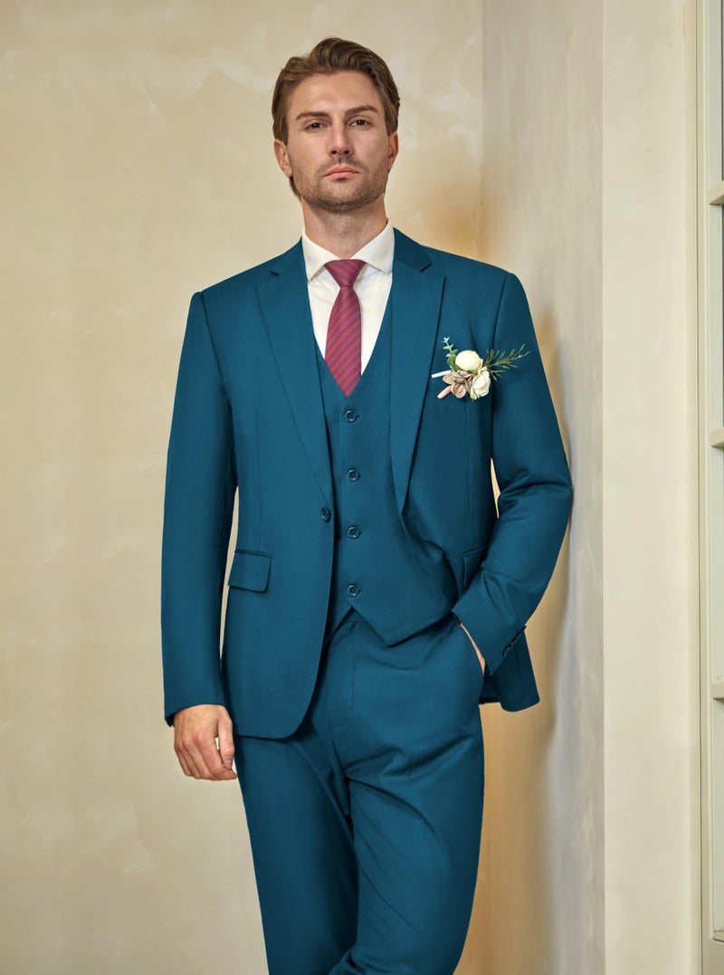 WULFUL Menâ€™s Slim Fit Suit One Button 3-Piece Blazer Dress Business Wedding Party Jacket Vest & Pant Teal Blue - Image 2